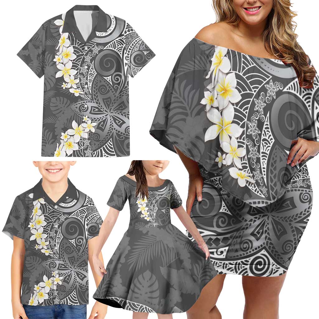 Gray Polynesian Tribal Frangipani Tropical Vibe Family Matching Off Shoulder Short Dress and Hawaiian Shirt