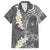 Gray Polynesian Tribal Frangipani Tropical Vibe Family Matching Off Shoulder Short Dress and Hawaiian Shirt