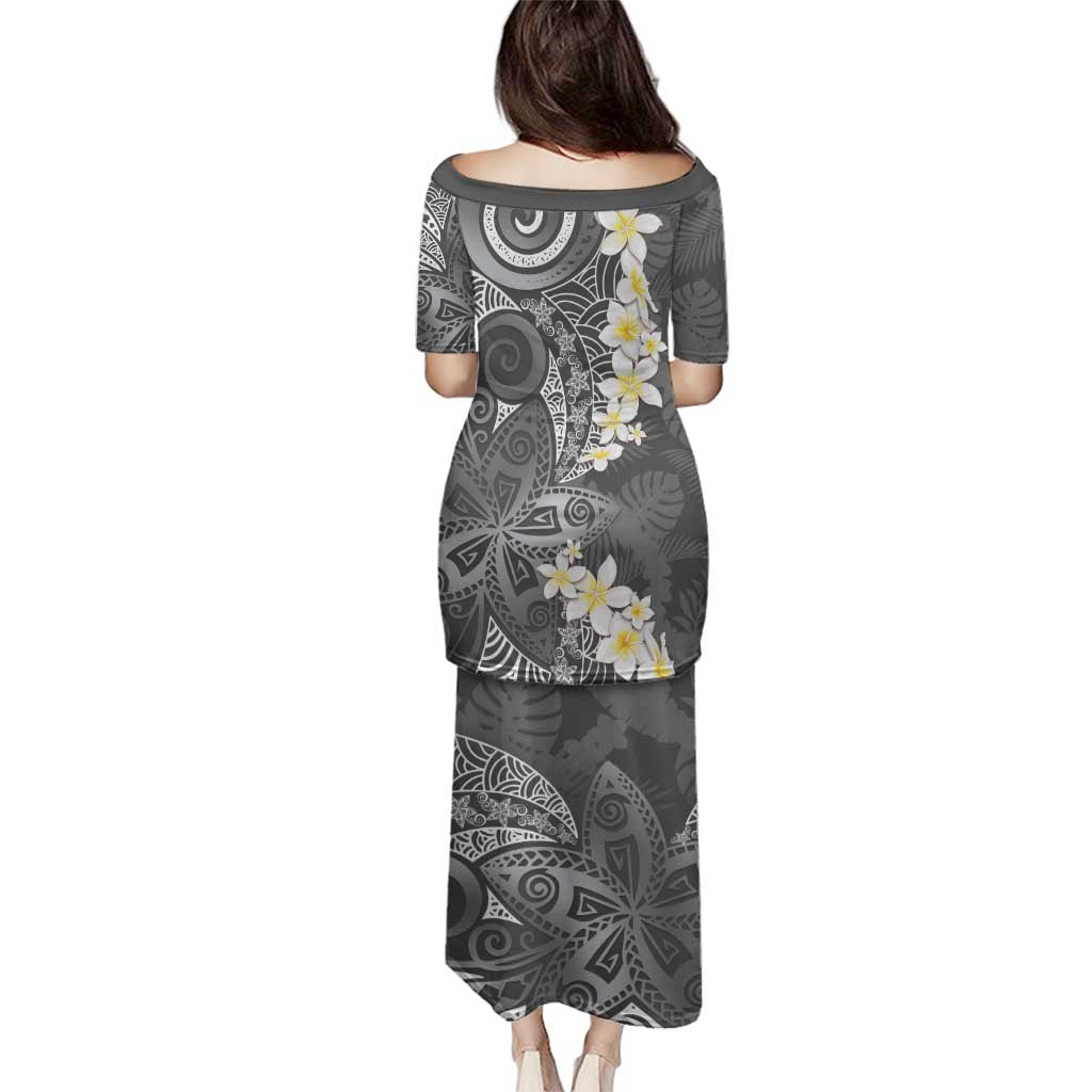 Gray Polynesian Tribal Frangipani Tropical Vibe Family Matching Puletasi and Hawaiian Shirt