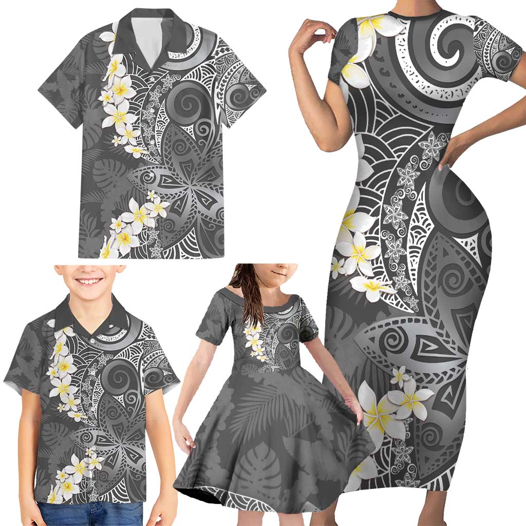 Gray Polynesian Tribal Frangipani Tropical Vibe Family Matching Short Sleeve Bodycon Dress and Hawaiian Shirt