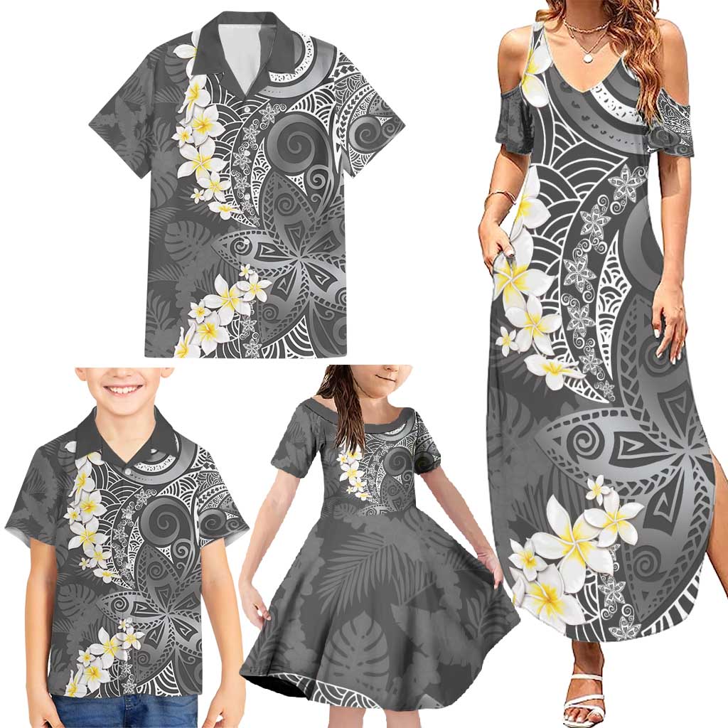 Gray Polynesian Tribal Frangipani Tropical Vibe Family Matching Summer Maxi Dress and Hawaiian Shirt