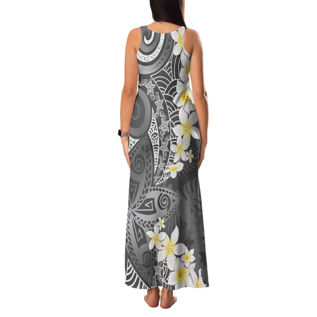 Gray Polynesian Tribal Frangipani Tropical Vibe Family Matching Tank Maxi Dress and Hawaiian Shirt