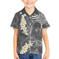 Gray Polynesian Tribal Frangipani Tropical Vibe Kid Hawaiian Shirt