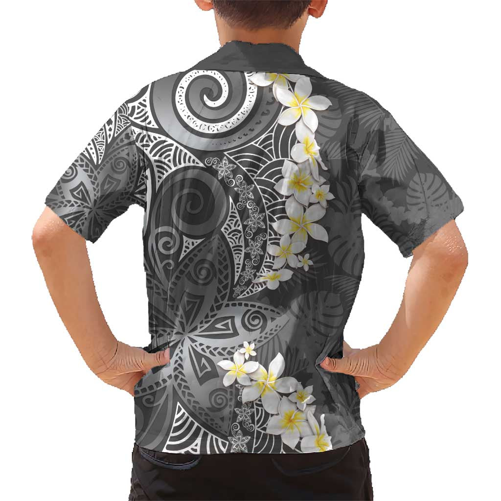 Gray Polynesian Tribal Frangipani Tropical Vibe Kid Hawaiian Shirt