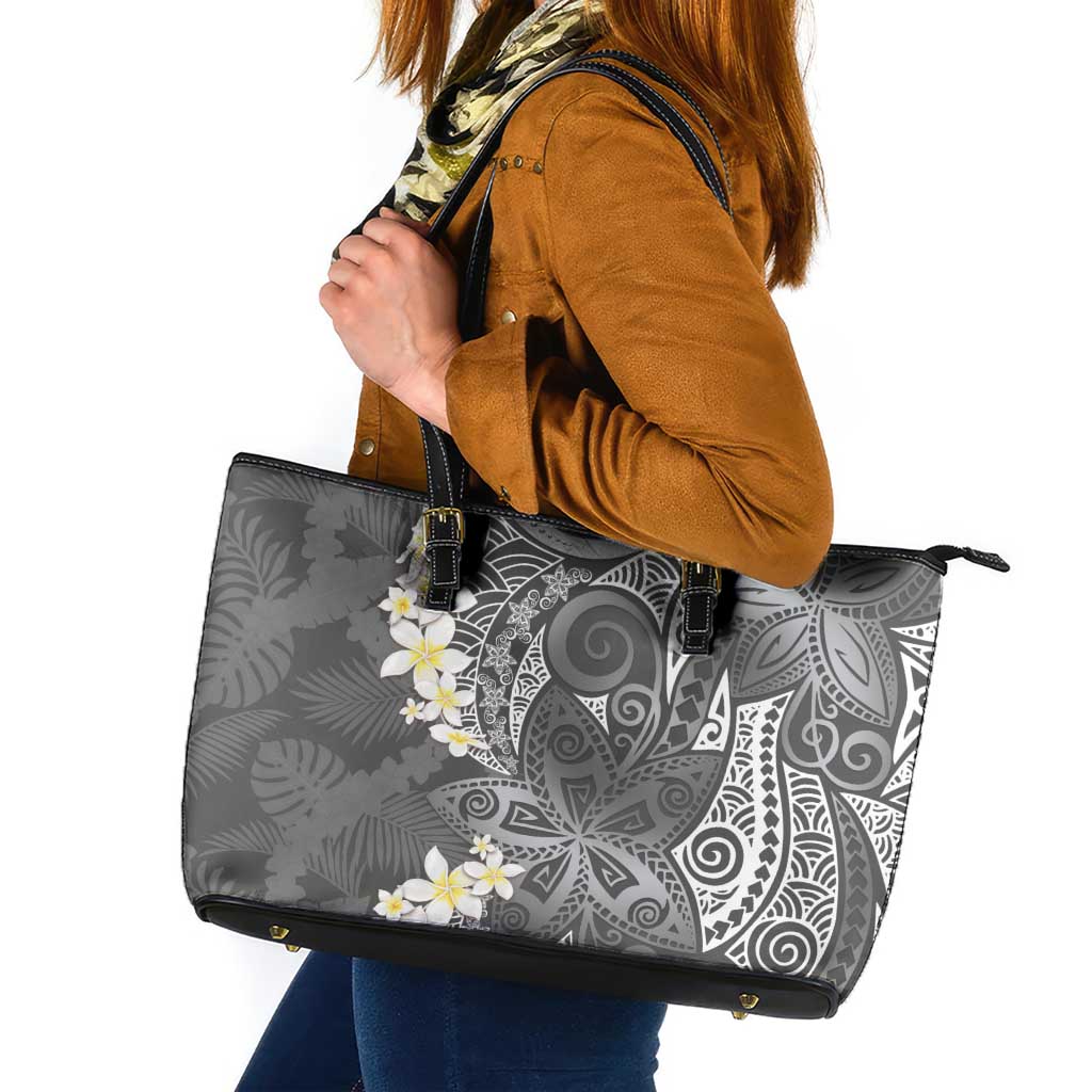 Gray Polynesian Tribal Frangipani Tropical Vibe Leather Tote Bag LT14 Gray - Polynesian Pride