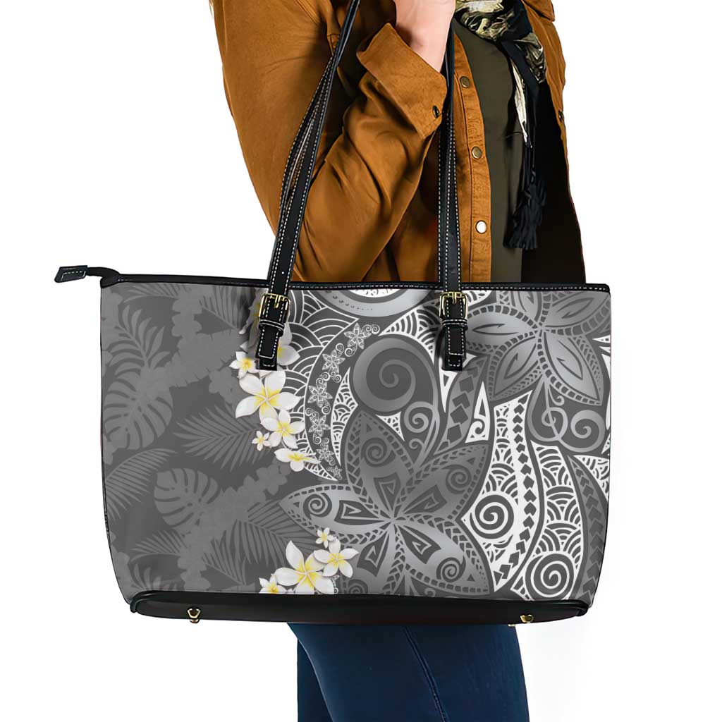 Gray Polynesian Tribal Frangipani Tropical Vibe Leather Tote Bag LT14 - Polynesian Pride