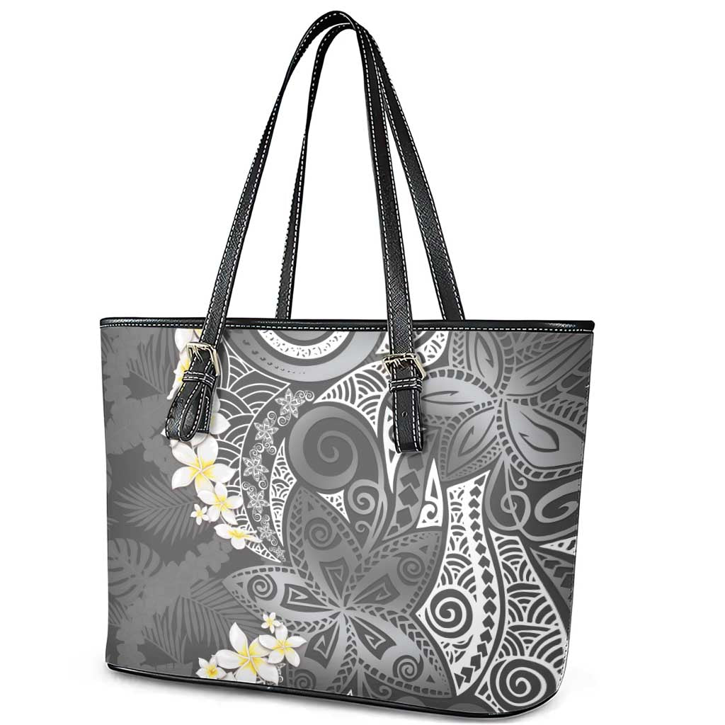 Gray Polynesian Tribal Frangipani Tropical Vibe Leather Tote Bag LT14 - Polynesian Pride