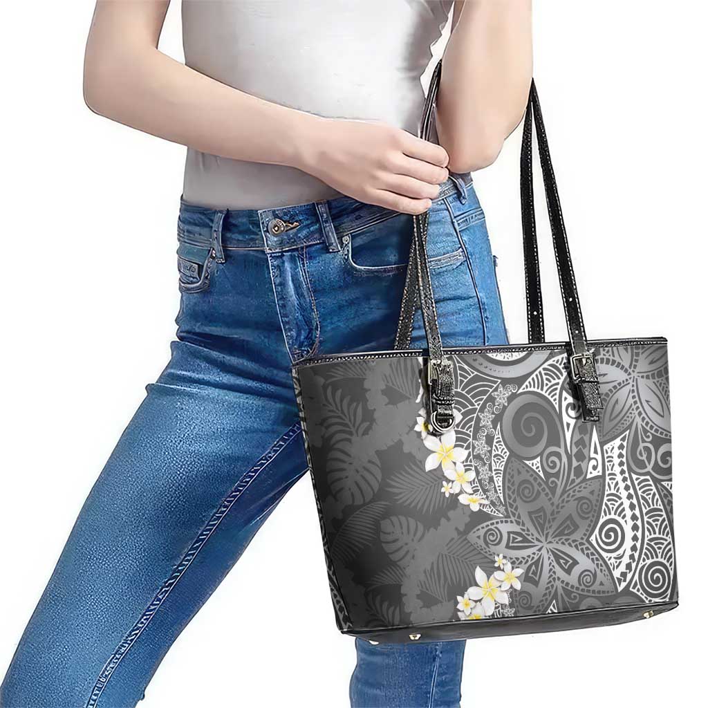 Gray Polynesian Tribal Frangipani Tropical Vibe Leather Tote Bag LT14 - Polynesian Pride
