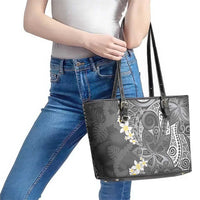 Gray Polynesian Tribal Frangipani Tropical Vibe Leather Tote Bag LT14 - Polynesian Pride