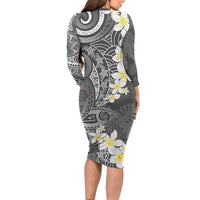 Gray Polynesian Tribal Frangipani Tropical Vibe Long Sleeve Bodycon Dress