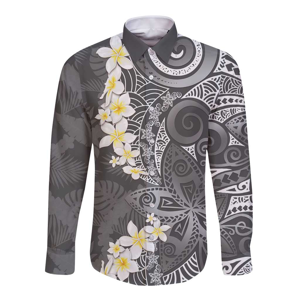 Gray Polynesian Tribal Frangipani Tropical Vibe Long Sleeve Button Shirt LT14 Unisex Gray - Polynesian Pride