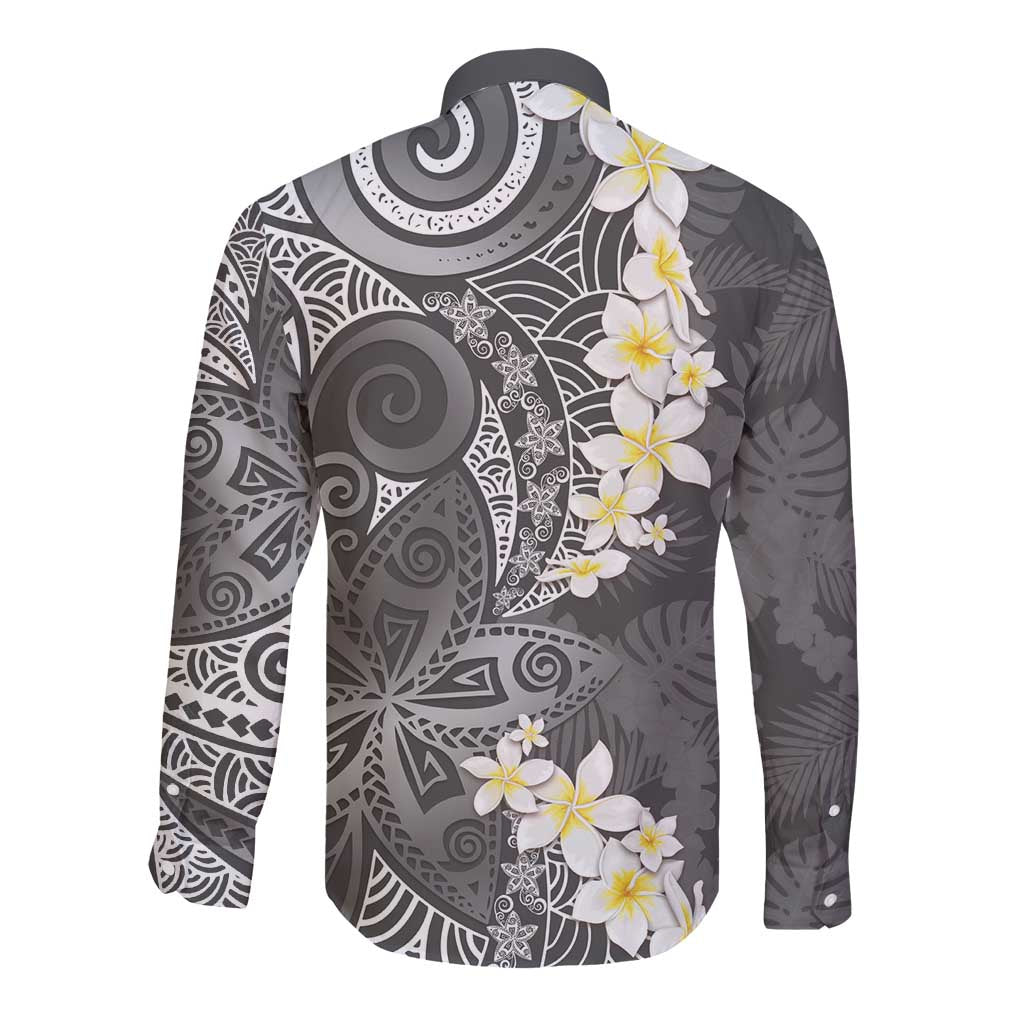 Gray Polynesian Tribal Frangipani Tropical Vibe Long Sleeve Button Shirt LT14 - Polynesian Pride