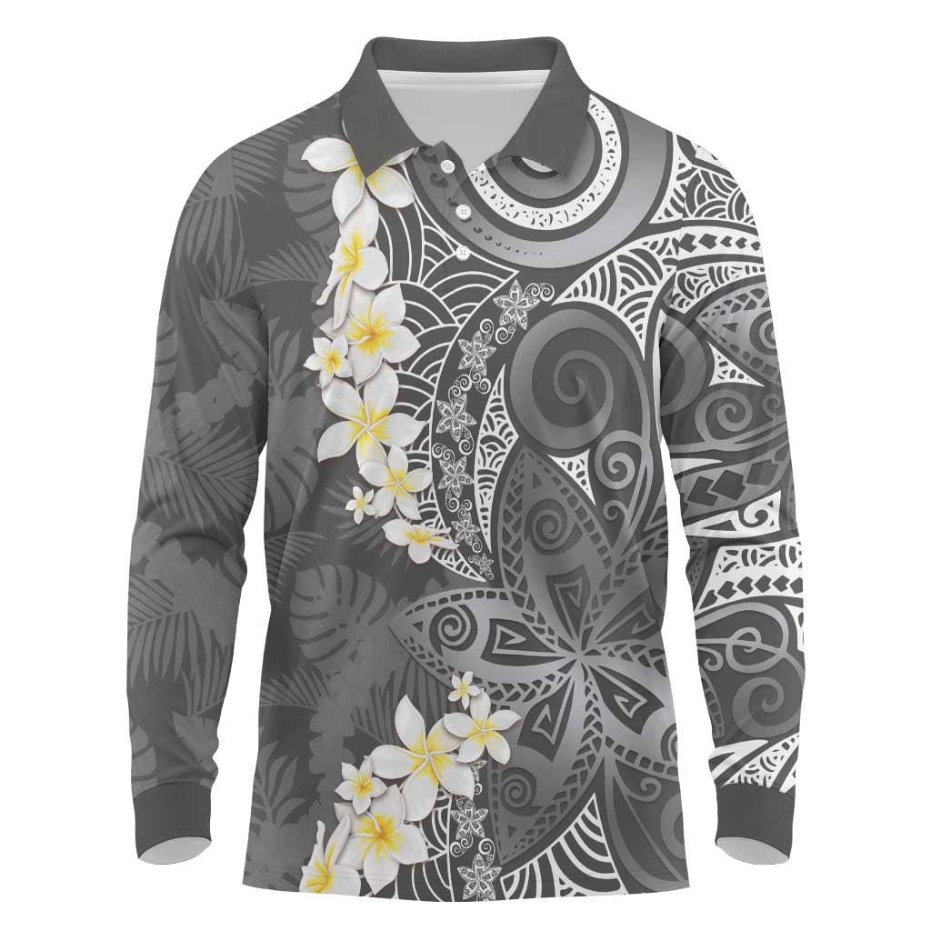 Gray Polynesian Tribal Frangipani Tropical Vibe Long Sleeve Polo Shirt