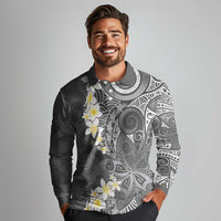 Gray Polynesian Tribal Frangipani Tropical Vibe Long Sleeve Polo Shirt
