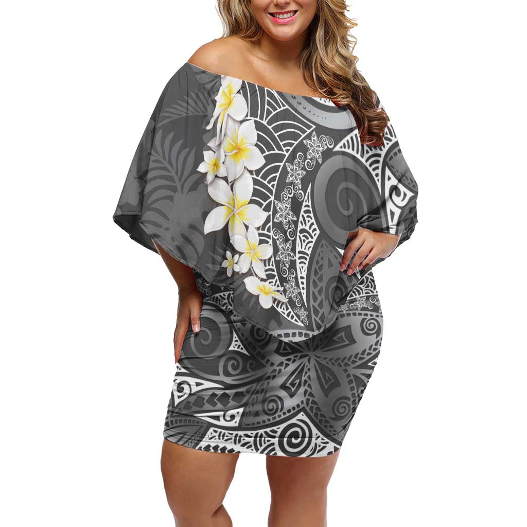 Gray Polynesian Tribal Frangipani Tropical Vibe Off Shoulder Short Dress LT14 Women Gray - Polynesian Pride