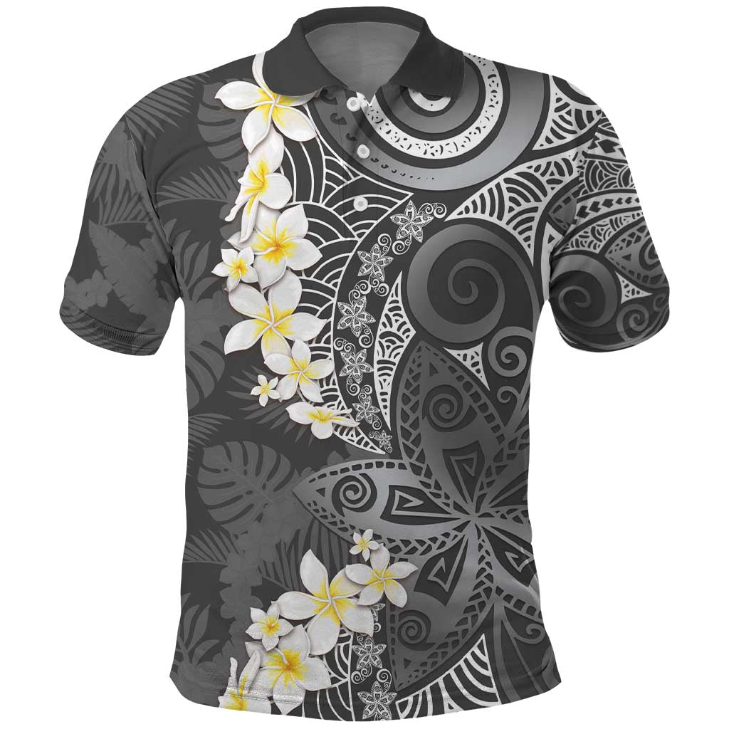 Gray Polynesian Tribal Frangipani Tropical Vibe Polo Shirt