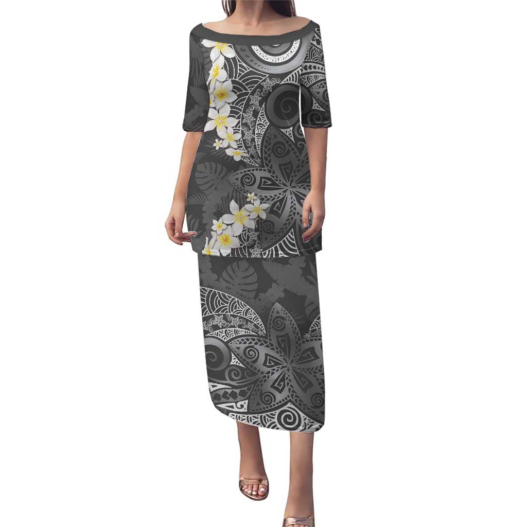 Gray Polynesian Tribal Frangipani Tropical Vibe Puletasi LT14 Long Dress Gray - Polynesian Pride