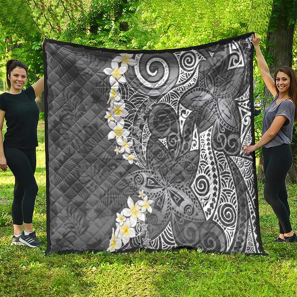 Gray Polynesian Tribal Frangipani Tropical Vibe Quilt
