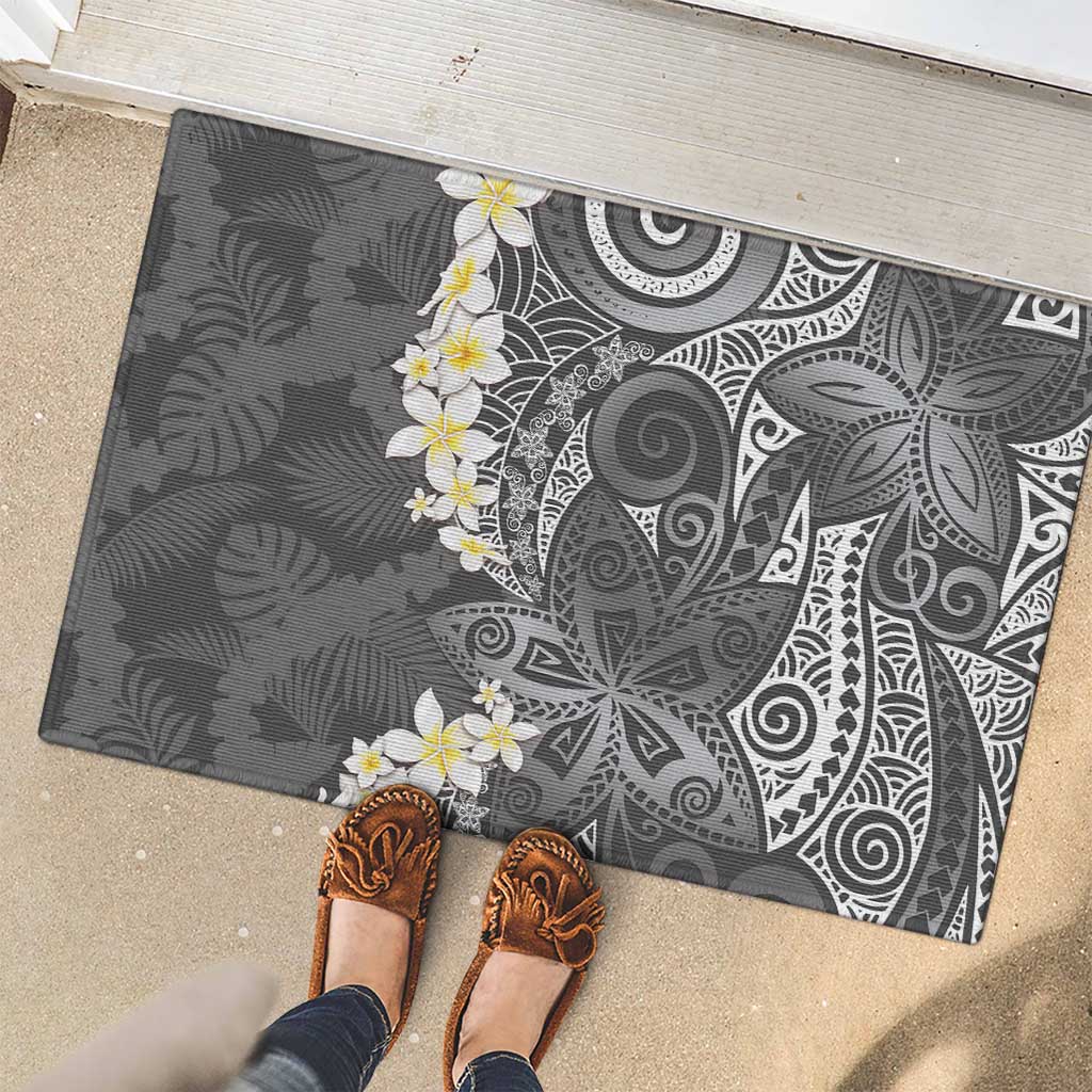 Gray Polynesian Tribal Frangipani Tropical Vibe Rubber Doormat LT14 - Polynesian Pride