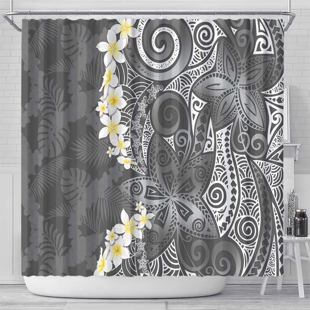 Gray Polynesian Tribal Frangipani Tropical Vibe Shower Curtain