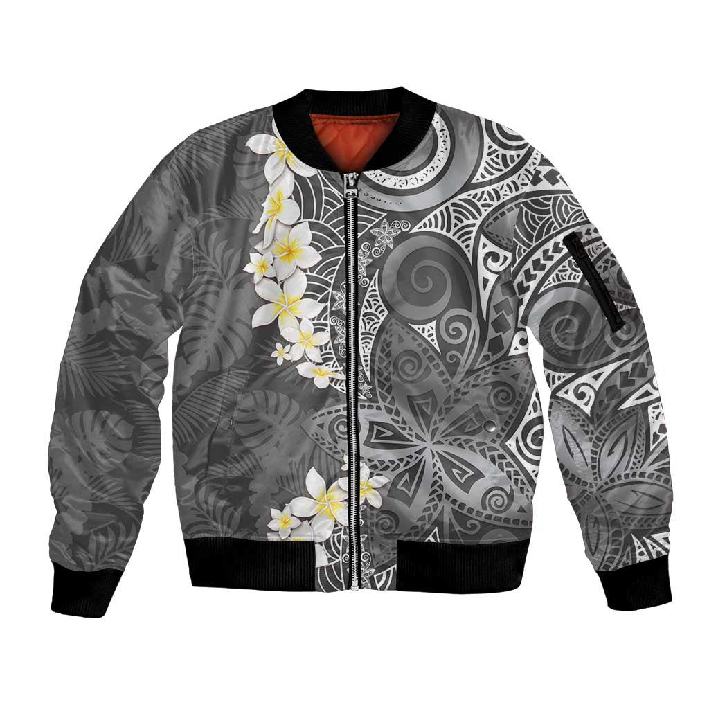 Gray Polynesian Tribal Frangipani Tropical Vibe Sleeve Zip Bomber Jacket