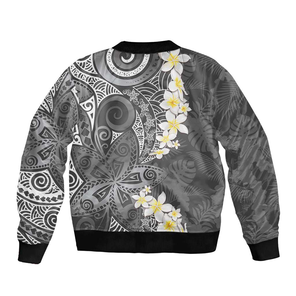 Gray Polynesian Tribal Frangipani Tropical Vibe Sleeve Zip Bomber Jacket