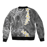 Gray Polynesian Tribal Frangipani Tropical Vibe Sleeve Zip Bomber Jacket