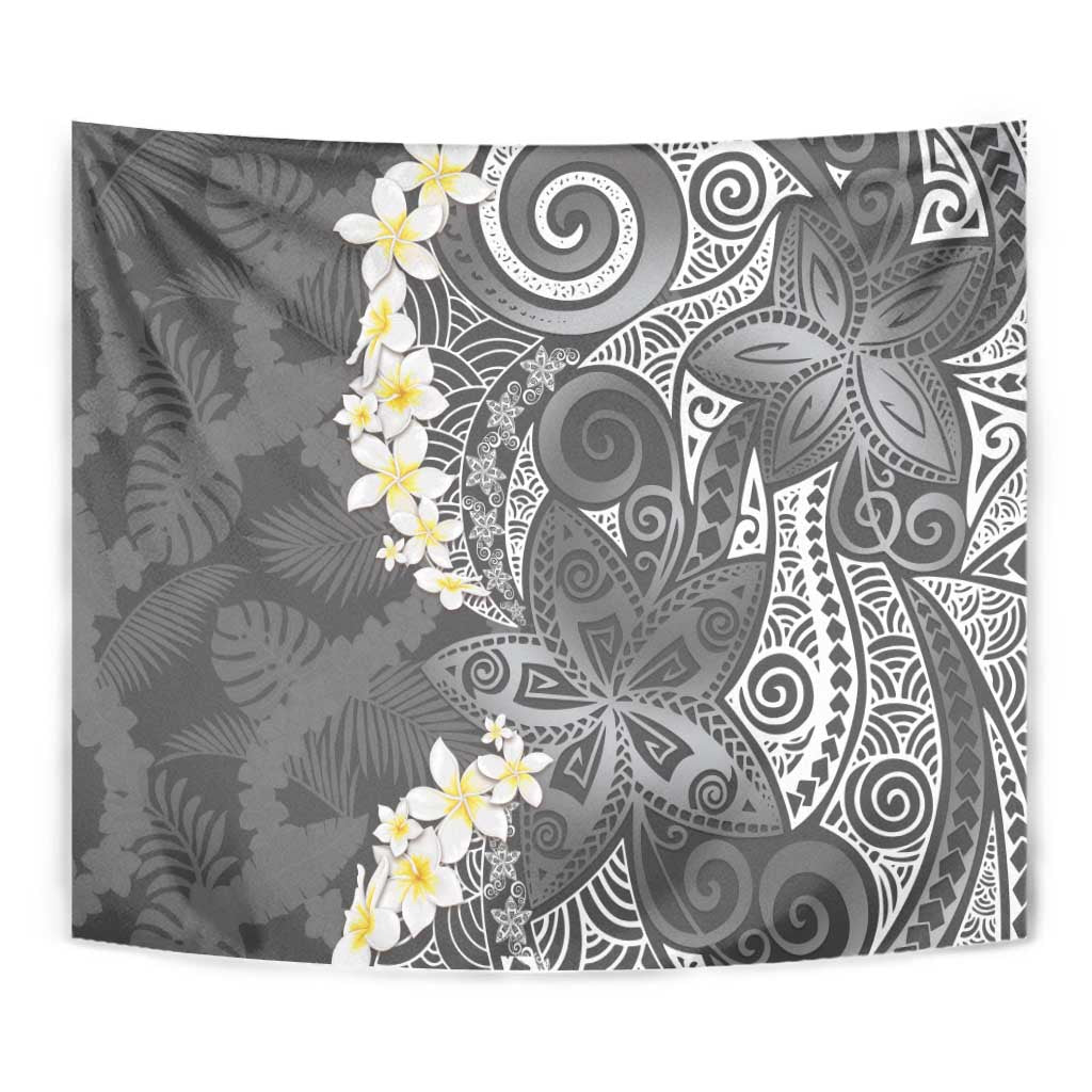 Gray Polynesian Tribal Frangipani Tropical Vibe Tapestry