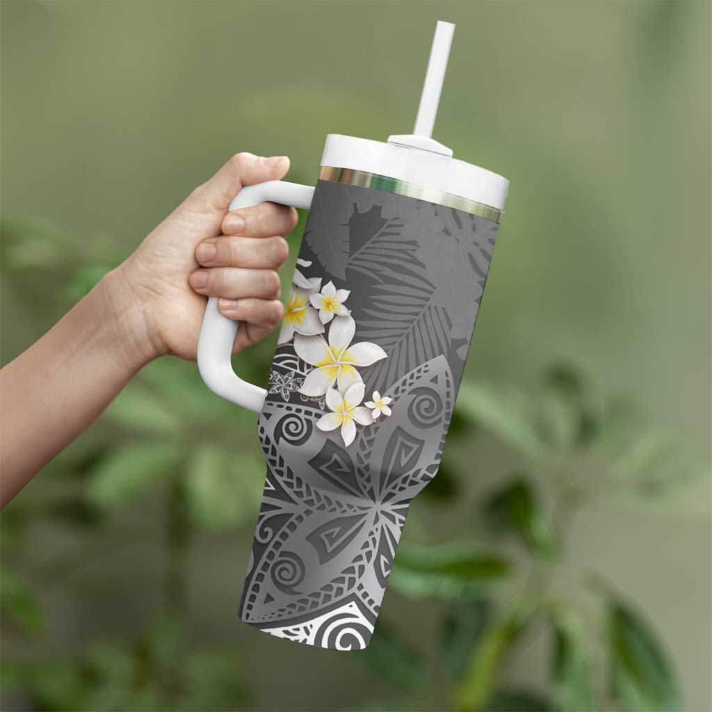 Gray Polynesian Tribal Frangipani Tropical Vibe Tumbler With Handle LT14 - Polynesian Pride