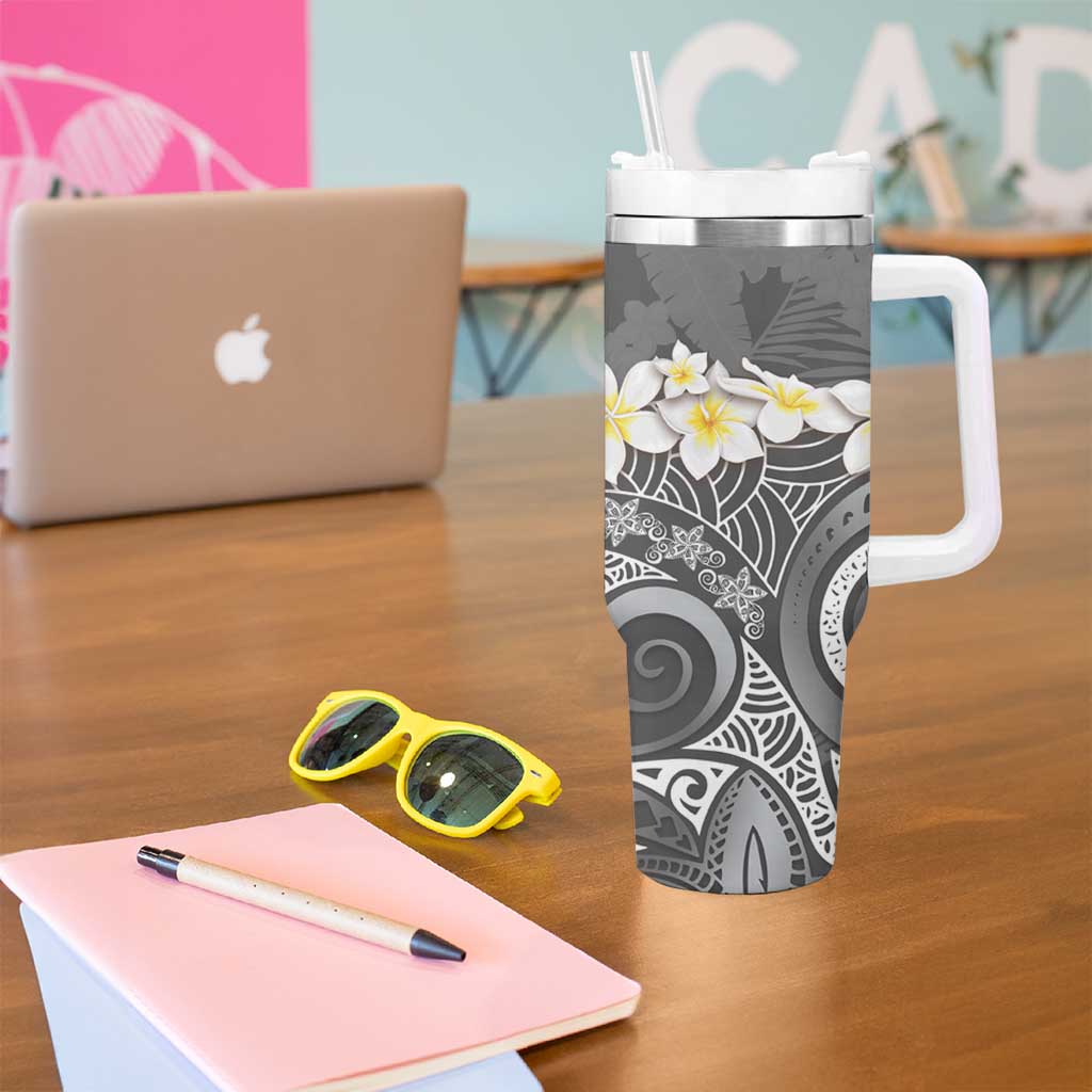 Gray Polynesian Tribal Frangipani Tropical Vibe Tumbler With Handle LT14 - Polynesian Pride