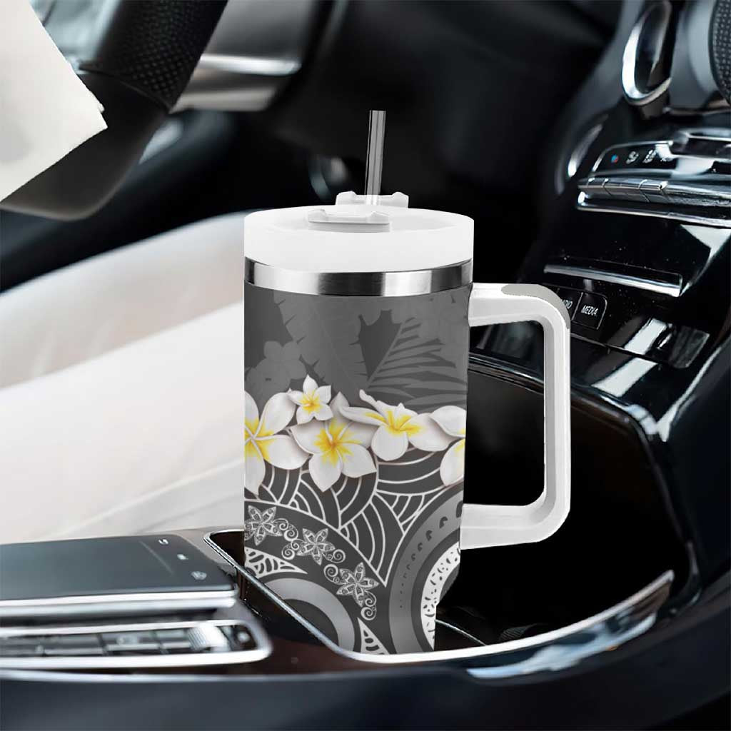 Gray Polynesian Tribal Frangipani Tropical Vibe Tumbler With Handle LT14 - Polynesian Pride