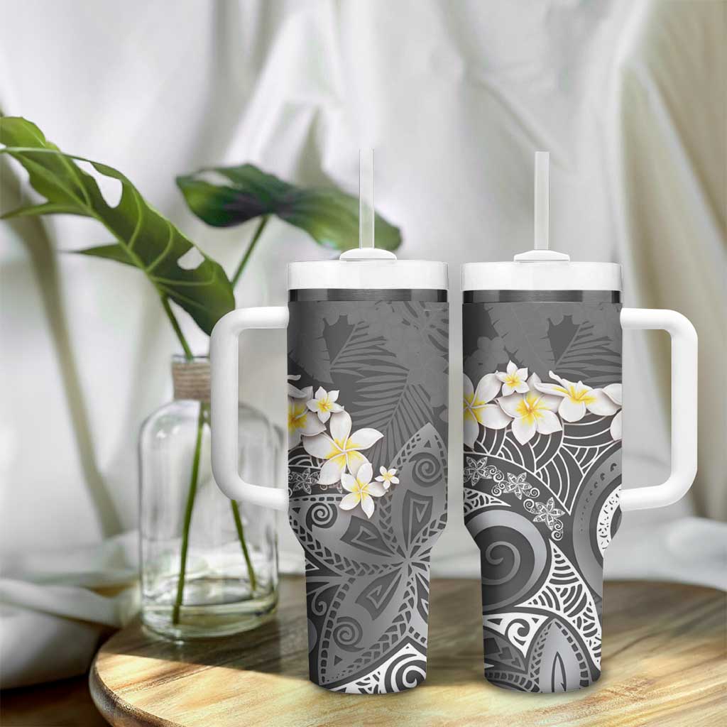 Gray Polynesian Tribal Frangipani Tropical Vibe Tumbler With Handle LT14 - Polynesian Pride
