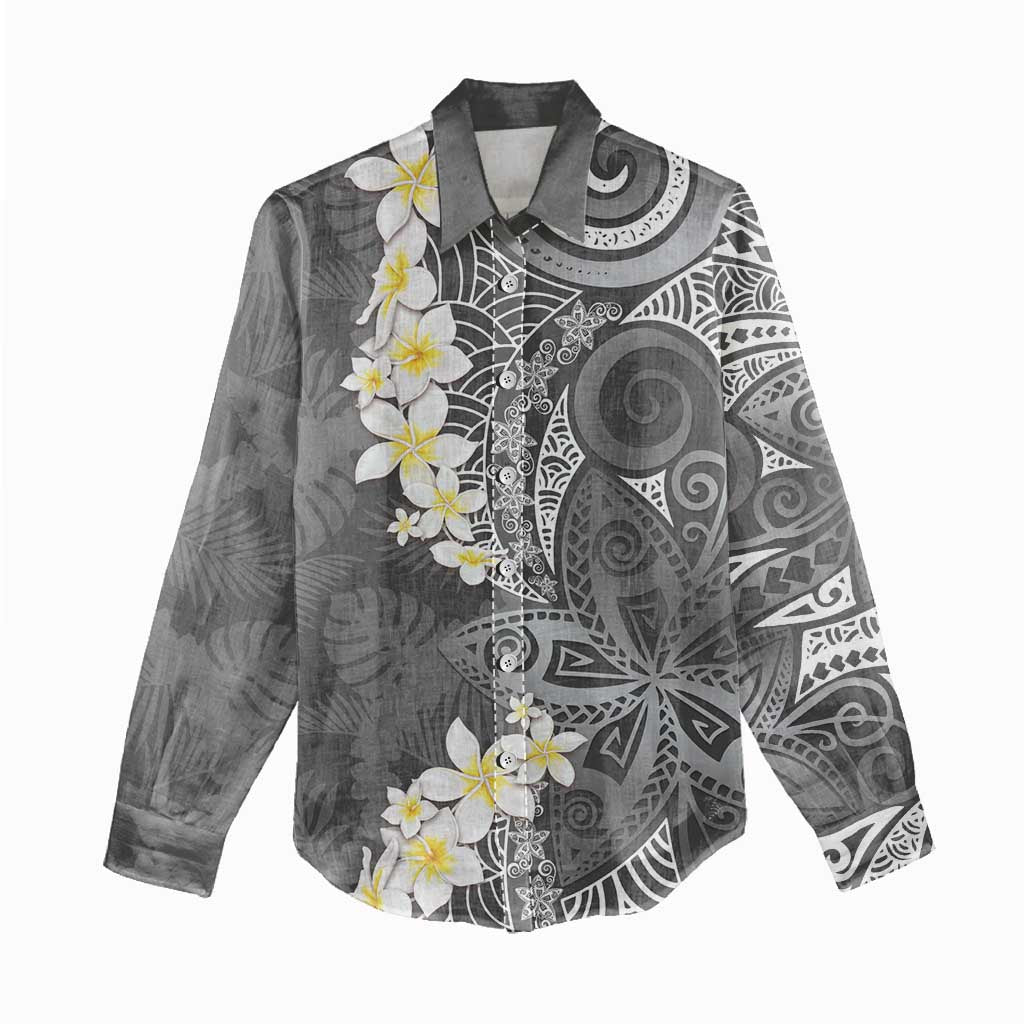 Gray Polynesian Tribal Frangipani Tropical Vibe Women Casual Shirt