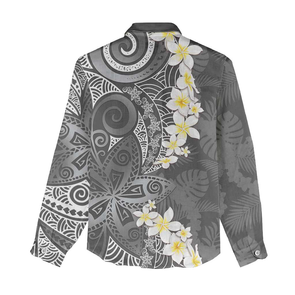 Gray Polynesian Tribal Frangipani Tropical Vibe Women Casual Shirt