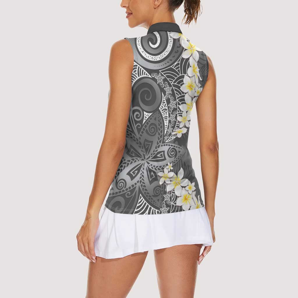 Gray Polynesian Tribal Frangipani Tropical Vibe Women Sleeveless Polo Shirt
