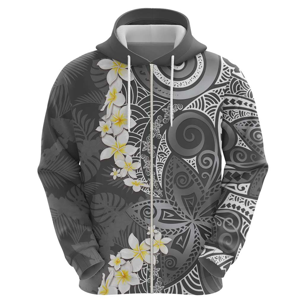 Gray Polynesian Tribal Frangipani Tropical Vibe Zip Hoodie