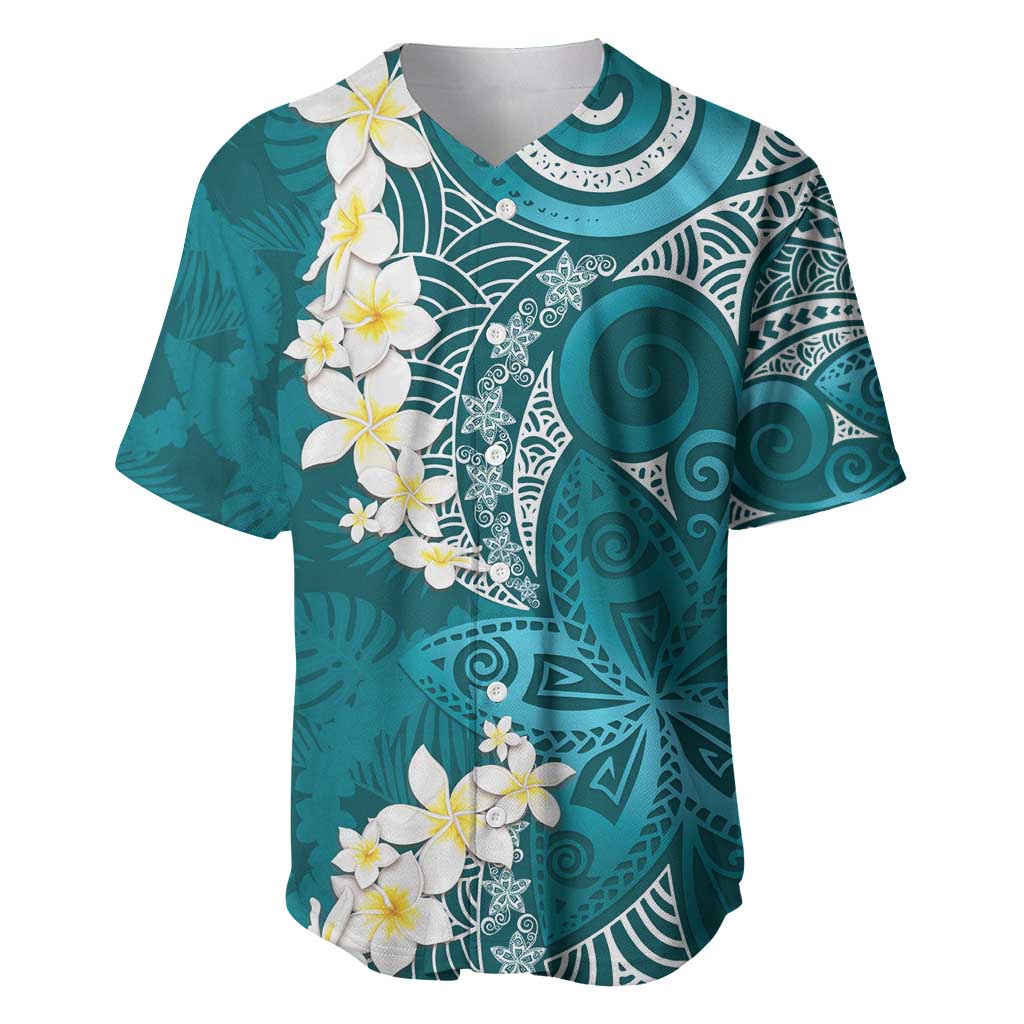 Cyan Polynesian Tribal Frangipani Tropical Vibe Baseball Jersey