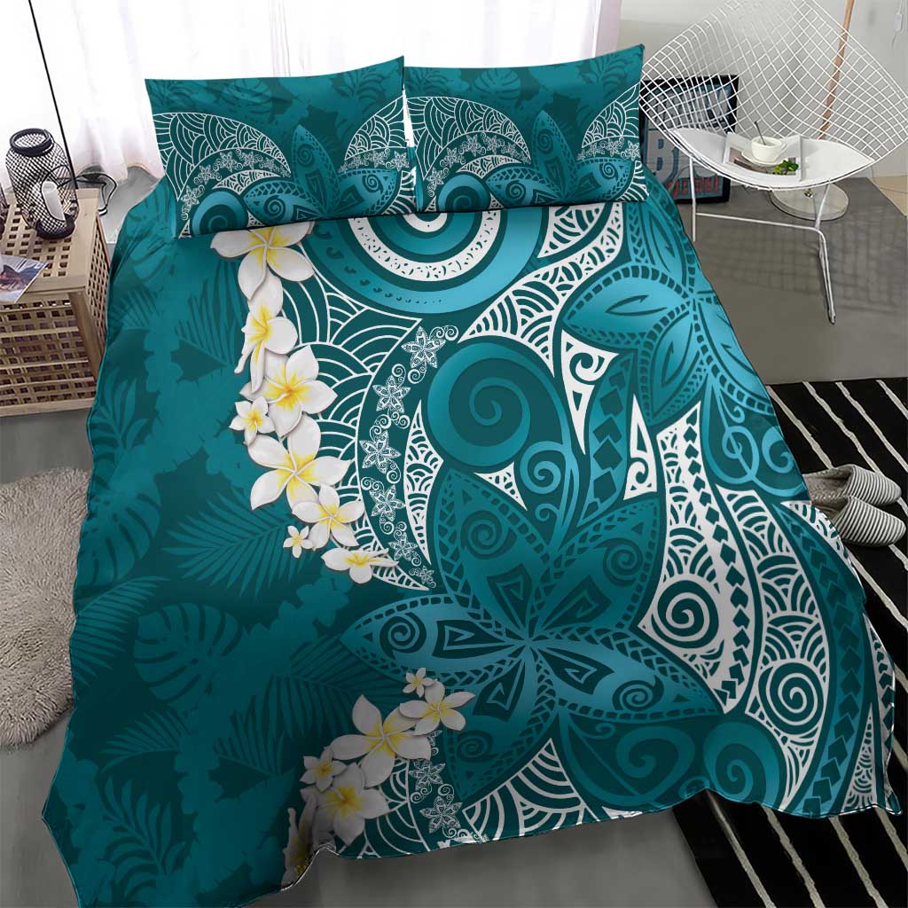 Cyan Polynesian Tribal Frangipani Tropical Vibe Bedding Set