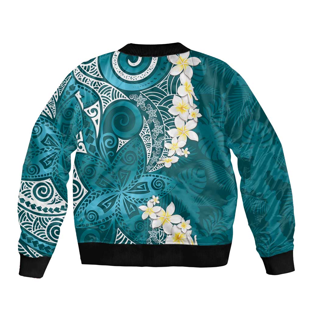 Cyan Polynesian Tribal Frangipani Tropical Vibe Bomber Jacket