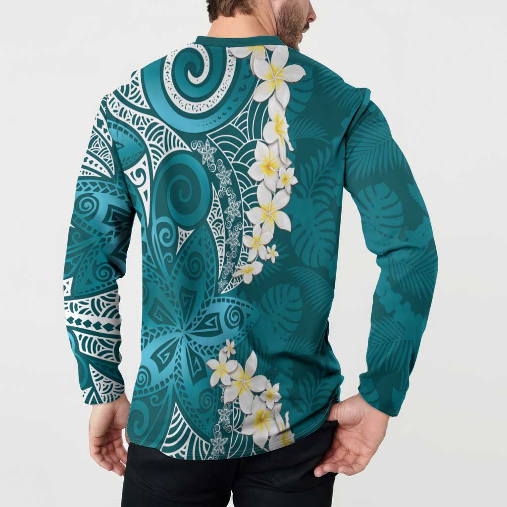 Cyan Polynesian Tribal Frangipani Tropical Vibe Button Sweatshirt LT14 - Polynesian Pride