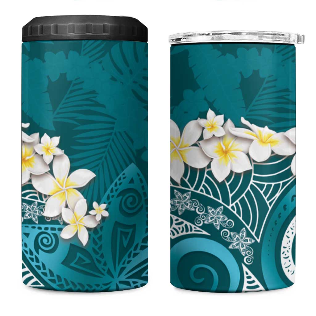 Cyan Polynesian Tribal Frangipani Tropical Vibe 4 in 1 Can Cooler Tumbler LT14 One Size: 16 oz Cyan - Polynesian Pride