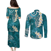 Cyan Polynesian Tribal Frangipani Tropical Vibe Couples Matching Puletasi and Long Sleeve Button Shirt LT14 - Polynesian Pride