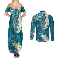 Cyan Polynesian Tribal Frangipani Tropical Vibe Couples Matching Summer Maxi Dress and Long Sleeve Button Shirt