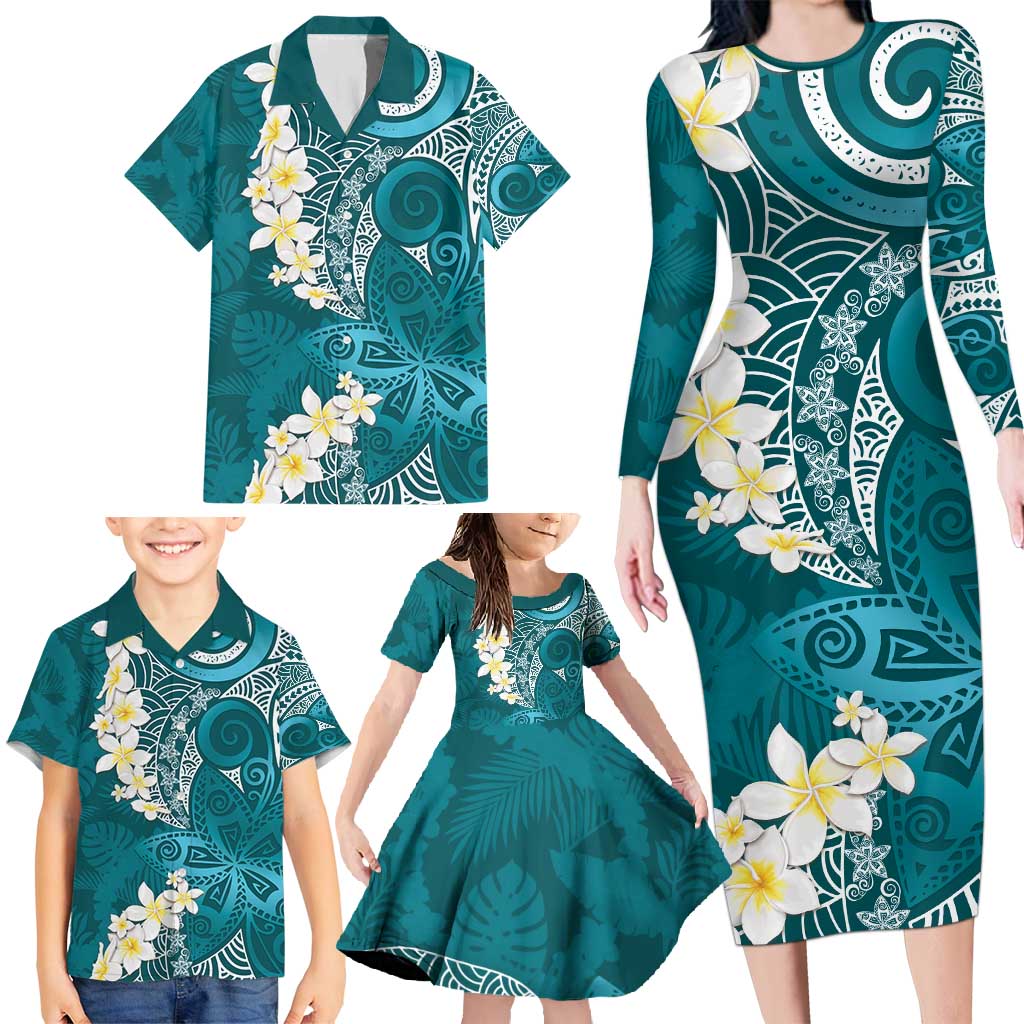 Cyan Polynesian Tribal Frangipani Tropical Vibe Family Matching Long Sleeve Bodycon Dress and Hawaiian Shirt