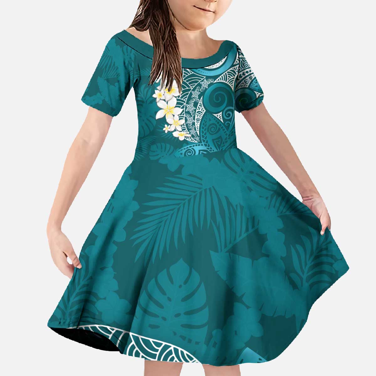 Cyan Polynesian Tribal Frangipani Tropical Vibe Family Matching Off The Shoulder Long Sleeve Dress and Hawaiian Shirt