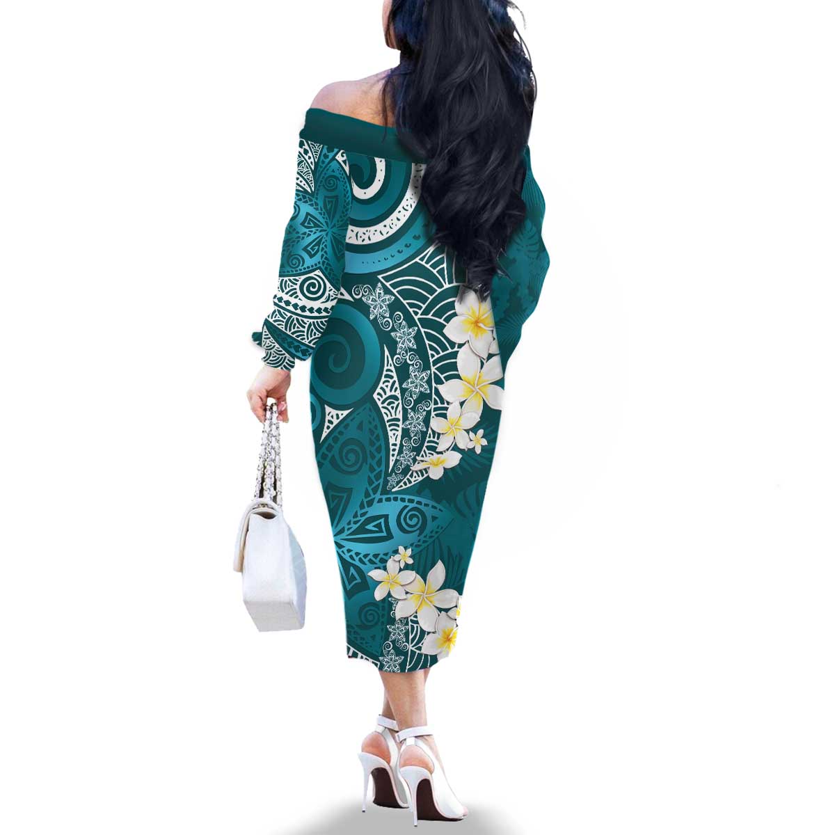 Cyan Polynesian Tribal Frangipani Tropical Vibe Family Matching Off The Shoulder Long Sleeve Dress and Hawaiian Shirt