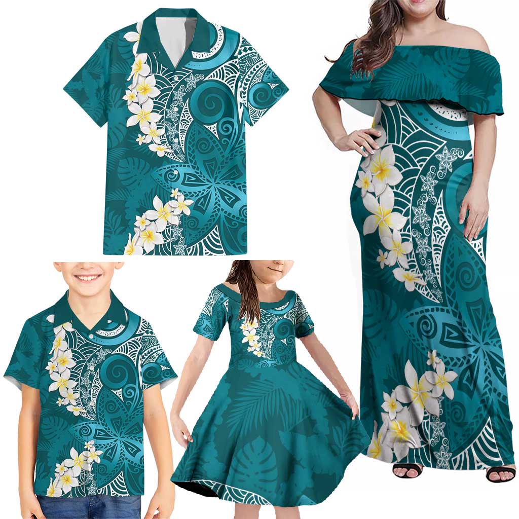 Cyan Polynesian Tribal Frangipani Tropical Vibe Family Matching Off Shoulder Maxi Dress and Hawaiian Shirt