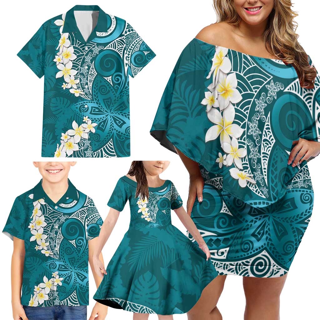 Cyan Polynesian Tribal Frangipani Tropical Vibe Family Matching Off Shoulder Short Dress and Hawaiian Shirt