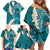 Cyan Polynesian Tribal Frangipani Tropical Vibe Family Matching Off Shoulder Short Dress and Hawaiian Shirt