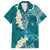 Cyan Polynesian Tribal Frangipani Tropical Vibe Family Matching Off Shoulder Short Dress and Hawaiian Shirt